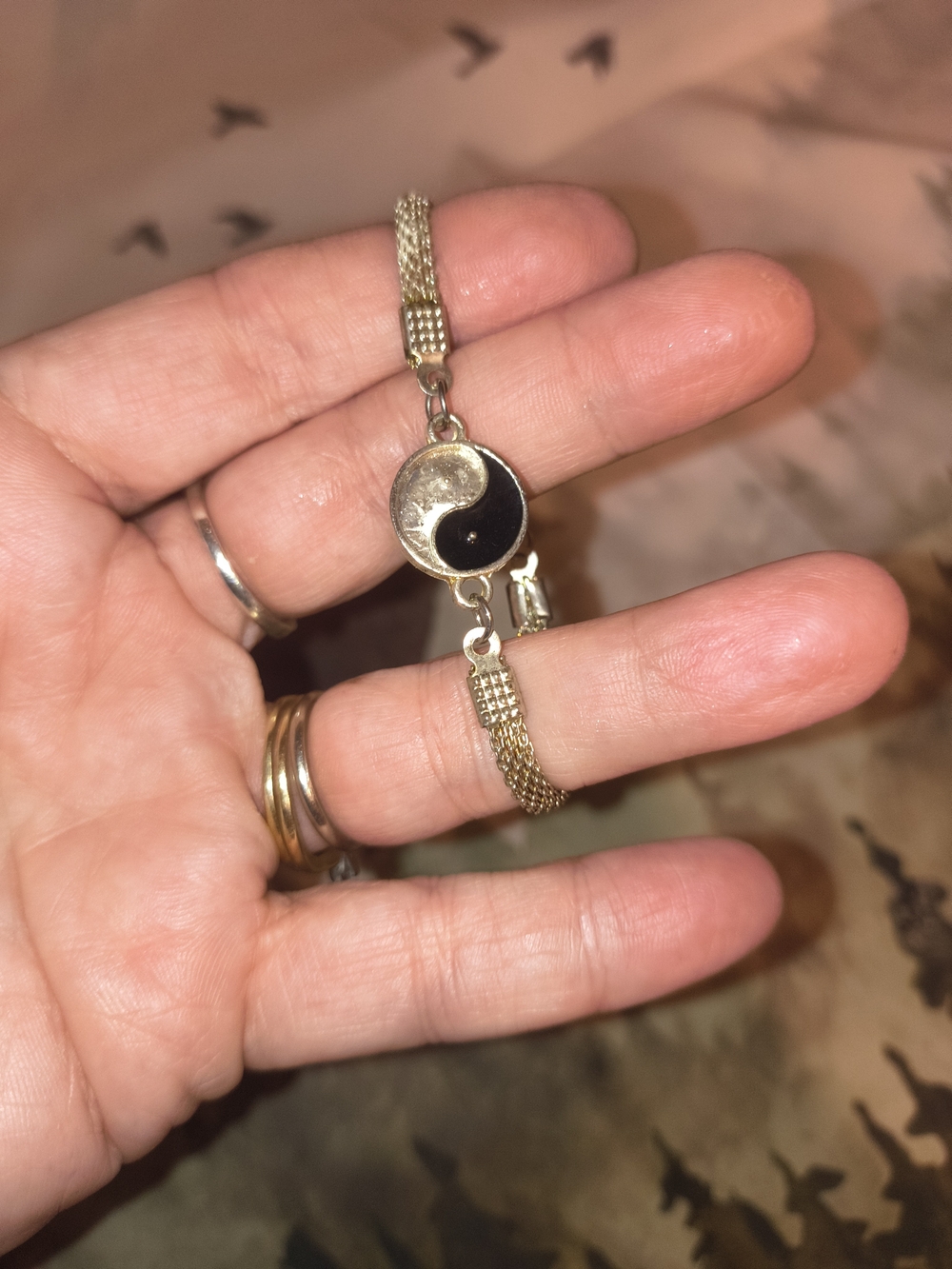Silver Tone Yin Yang Bracelet with Black Enamel Accent